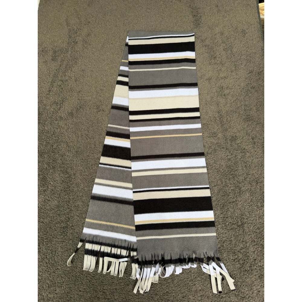 Old Navy Fleece Scarf Grey Black White Tan Striped Fringe Warm Winter Unisex